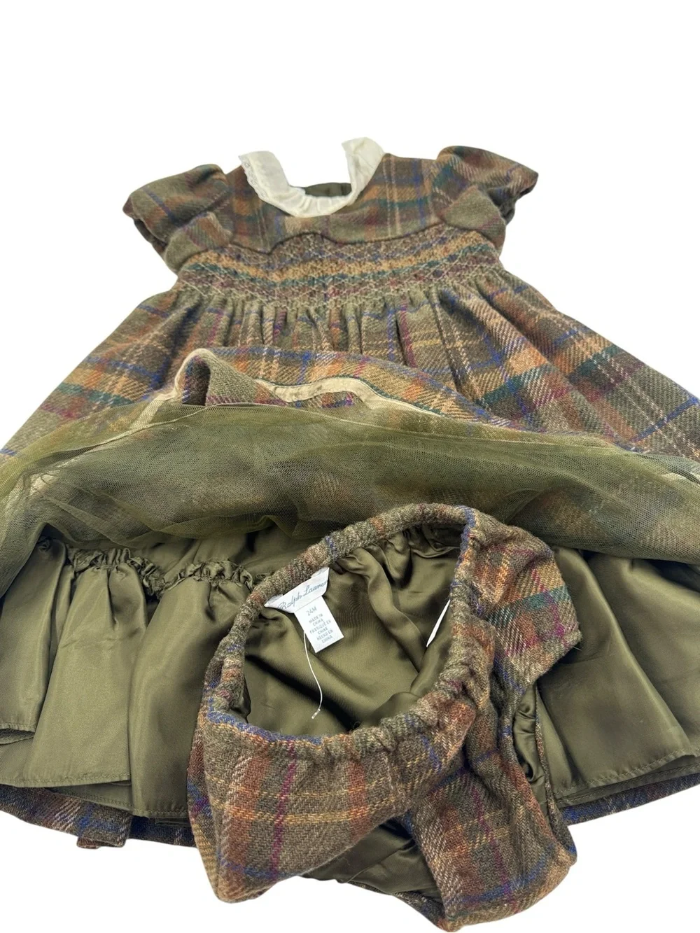 Ralph Lauren Plaid Smocked Wool Blend Dress and Bloomer Set Size 24M